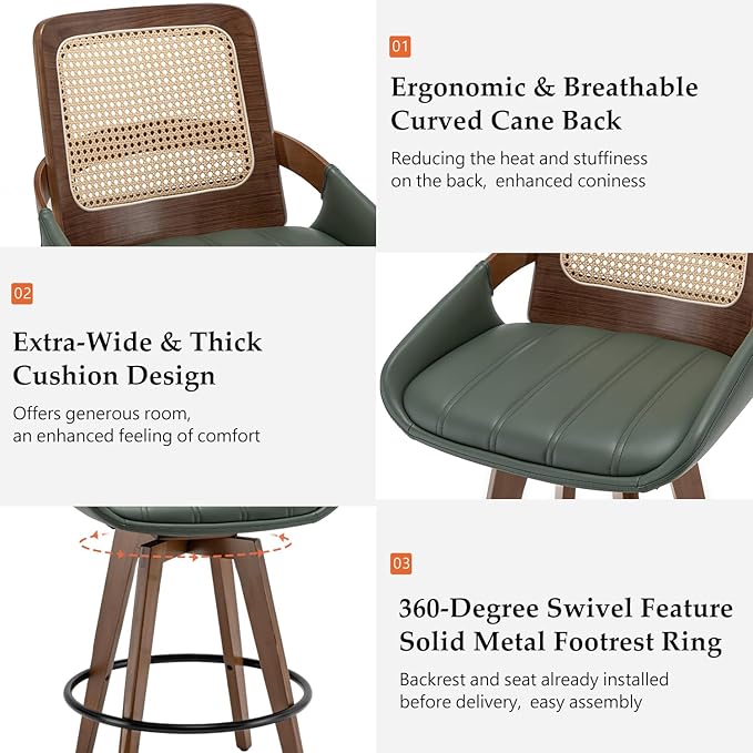 Counter Stools Set of 3 - 26.4 inch Counter Height Swivel Bar Stools with Cane Back, Curved Arms, Faux Leather Upholstered Seat, Counter Chairs for Island/Pub/Kitchen/Cafe (26" Seat Height, Green)