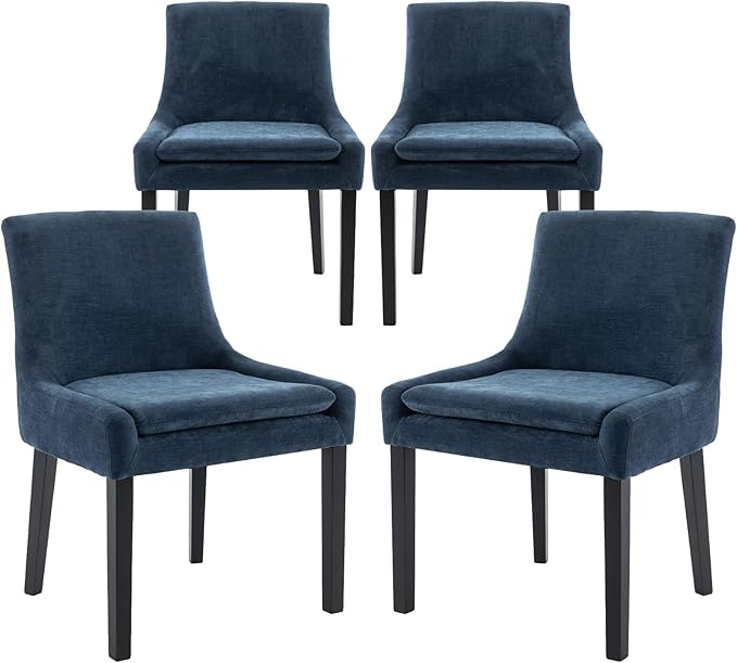 COLAMY Modern Dining Chairs Set of 4, Upholstered Corduroy Accent Side Leisure Chairs with Mid Back and Wood Legs for Living Room/Dining Room-Blue