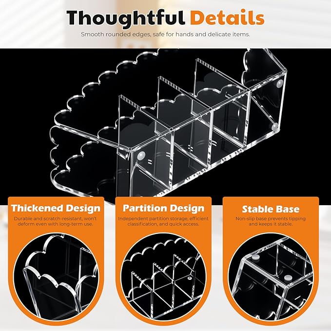 Scalloped Acrylic Pencil Holder – Clear Desk Organizer with 4 Compartments – Makeup Brush Holder & Remote Caddy for Office, Bathroom, Table – Party Accessory