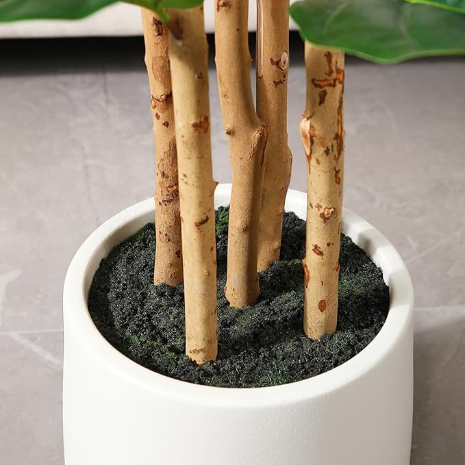 Artificial Fiddle Leaf Fig Tree with White Planter, 7ft Tall Fake Tree with Natural Wood Trunk for Home Decor, Faux Ficus Tree Fake Moss for Indoor Office Living Room