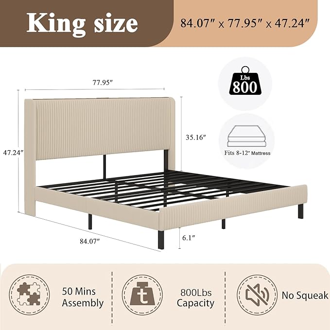 Upholstered Bed Frame King Size Beige Velvet Wingback Headboard with Charging Station Vertical Channel Tufted Platform Bed Metal Slats Foundation No Box Spring Needed, Easy Assembly