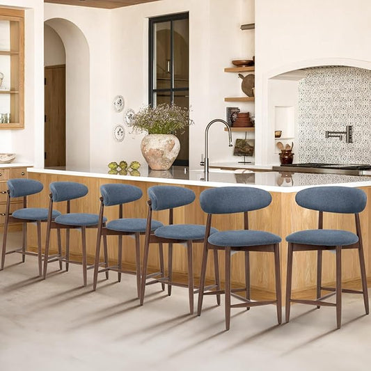 COLAMY Upholstered Counter Height Bar Stools Set of 6, Kitchen Island Stools with Back, Modern Counter Stools Island Bar Chairs with Wood Legs for Kitchen Island Dining Room Bar, Blue