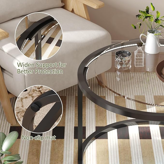 Glass Coffee Table Modern Center Table,Minimalist Round Coffee Tea Table with LED Lights,Simple Tea Cocktail Modern Center Tables for Home, Office, Bedroom,Black