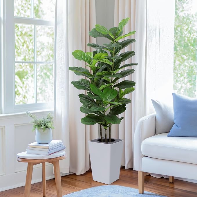 5Ft Fiddle Leaf Fig Tree with White Tall Planter - Fake Fig Silk Plants with 62 Large Fiddle Leaves,Artificial Trees for Home Decor Indoor Outdoor Office