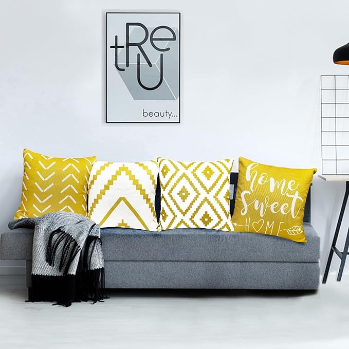 Decorative Throw Pillow Covers Set of 4 Yellow Pillow Covers 20x20 inch Throw Pillow Cases Linen Square Pillow Case,Farmhouse Outdoor Modern Geometric Pillow Covers for Couch Sofa Living Room