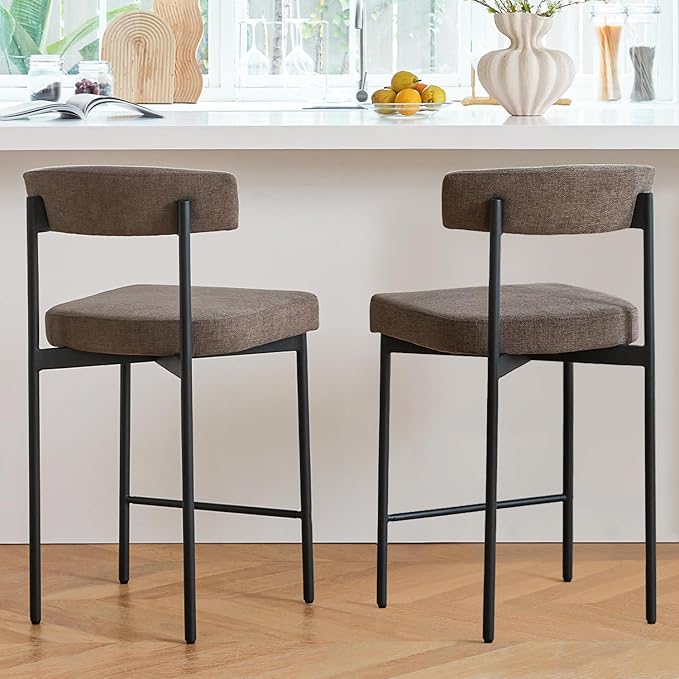 Grey Modern Bar Stools Set of 2, 24 Inch Counter Stools with Curved Backrest, Counter Height Bar Stools for Kitchen Island