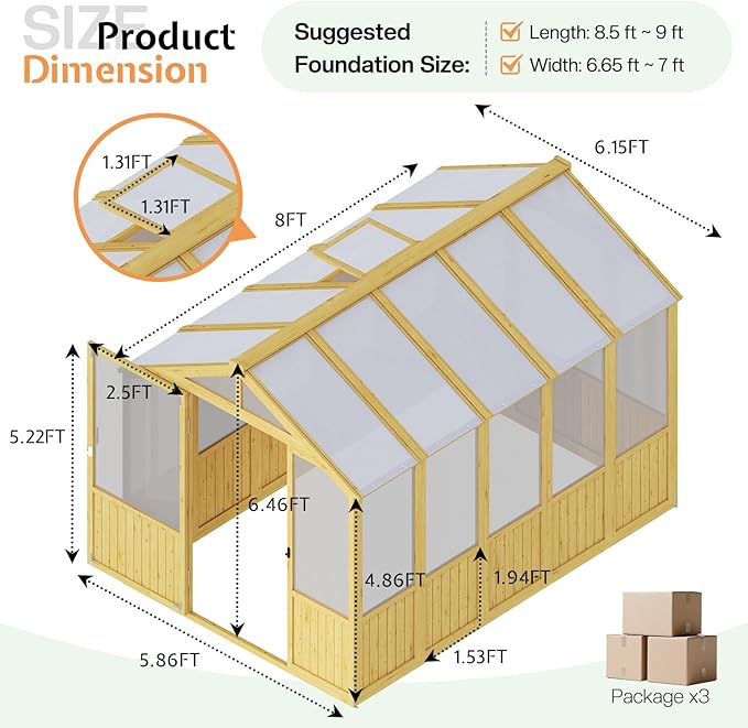 Jocisland 6x8x6.5 Ft Wooden Greenhouse, Pre-Assembled Solid Cedar Frame, Walk-in Design, Lockable Door, Adjustable Roof Vents, Polycarbonate Panels for Outdoor, Garden, Backyard