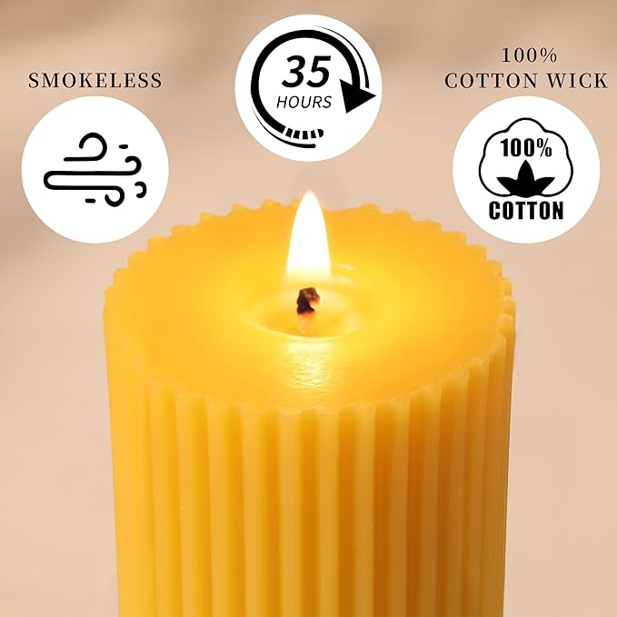 3 Pack Pure Beeswax Pillar Candles Bulk, Organic Ribbed Bees Wax Decorative Candles for Home Decor-1.96x3.85 Inch, Unscented Long Burning Natural Bees Wax Pillar Bulk Aesthetic Candles-105 Hours