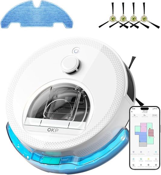 OKP LiDAR Robot Vacuum and Mop, 450ml Visible Dustbin, Upgraded 190° PSD Obstacle Avoidance, Customized Cleaning, Multi-Floor Mapping, 150 Mins Runtime, WiFi/Alexa/APP, Pet Hair & Carpets, White