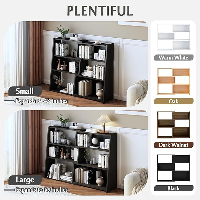 IOTXY Wooden Extendable Shelf Bookcase - 3-Tier Ladder Low Short Bookshelf for Small Space or Corner, Black, S