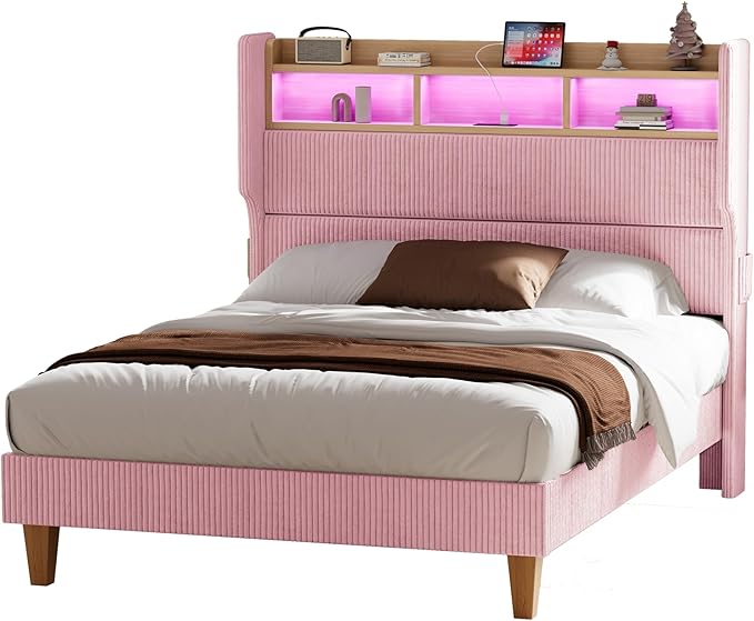 King Size Bed Frame with 51" Tall Corduroy Wingback Headboard and Storage Shelf, Upholstered Platform Bed with LED Lights & Charging Station, No Box Spring Needed, Easy Assembly, Pink