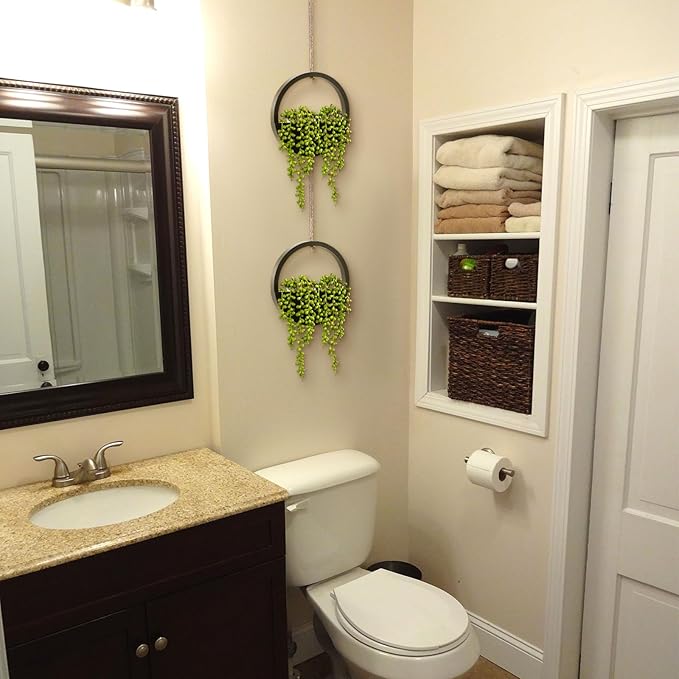 Floweroyal 2pcs Artificial Succulents Hanging Plants 12.2'' Fake String of Pearls in Pot with 8.3'' Lanyard for Indoor Outdoor Wall Decor (Black).