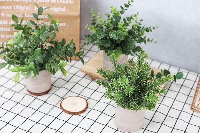 Der Rose 3 Pack Mini Potted Fake Plants Artificial Plastic Eucalyptus Plants Centerpieces for Table Home Office Desk Accessories Farmhouse Room Classroom Decor
