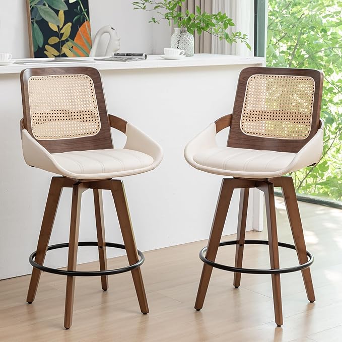Set of 2 Mid Century Modern Counter Stools - 26.4 inch Rattan Swivel Counter Stools with Cane Back, Upholstered Faux Leather, Walnut Craftsmanship, Ideal for Island/Pub/Kitchen(26" Seat Height, Beige)
