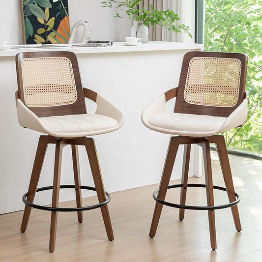 Set of 2 Mid Century Modern Counter Stools - 26.4 inch Rattan Swivel Counter Stools with Cane Back, Upholstered Faux Leather, Walnut Craftsmanship, Ideal for Island/Pub/Kitchen(26" Seat Height, Beige)