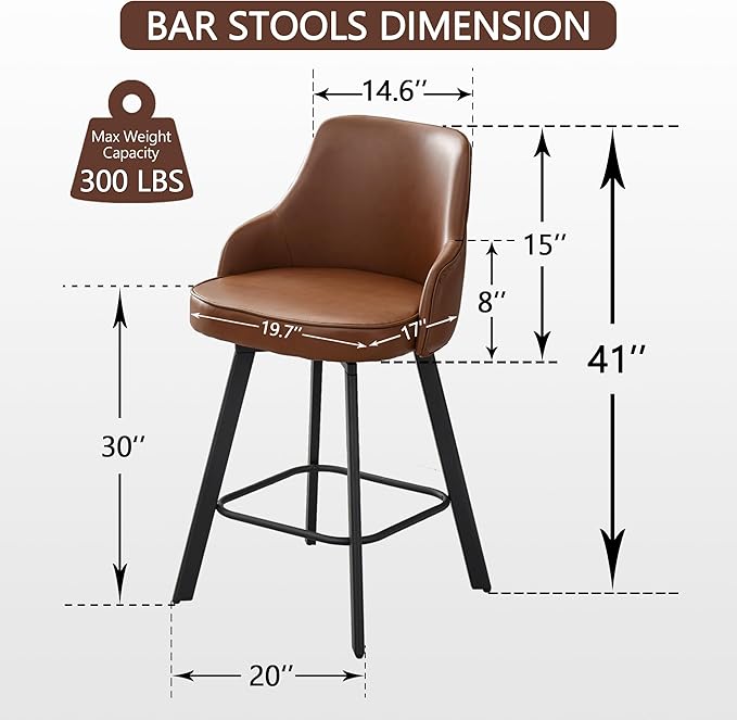 Bar Stools Set of 2, 30" Swivel Bar Height Barstools with High Back, Faux Leather Kitchen Barstool Bar Height for Kitchen Island (Dark Brown, 2PCS 30" Bar Stools)