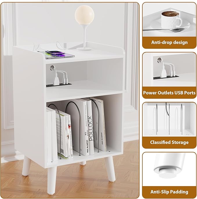 Record Player Stand, Turntable Stand with Record Storage and Charging Station & USB Ports, Record Player Table with Metal Divider, Record Stand Up to 160 Albums for Living Room, Bedroom, White