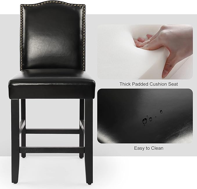 LSSPAID Counter Height Bar Stools Set of 2, 23.5 Inch Pu Upholstered Barstools, Kitchen Island Chairs with Bronze Nail Backrest and Solid Wood Legs for Kitchen Pub Home Cafe, Black