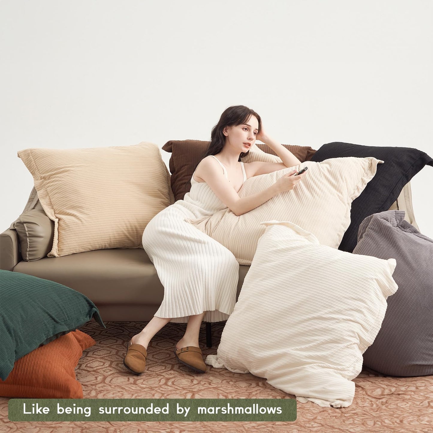 Ultra Large 30x30 Inch Throw Pillow Covers - Trio Set in Pitch Black, Pure White & Gray | Striped Corduroy | Easy Care | Perfect for Children's Playrooms, Nurseries & Family Rooms