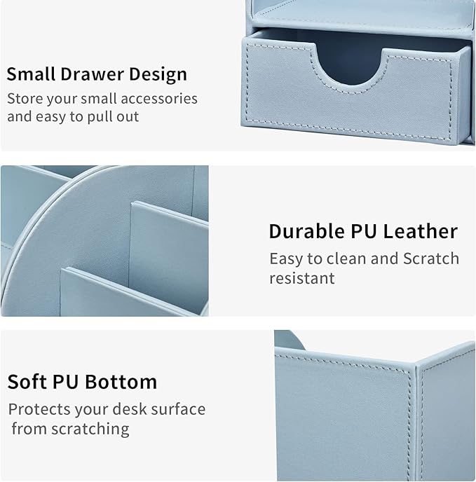 KINGFOM Pu Leather Desk Organizer Pen Pencil Holder Office Supplies Caddy Storage Box 6 Compartments with Drawer Blue