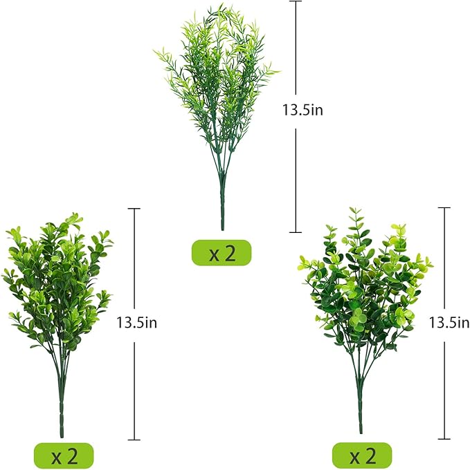 Ouddy Decor 6 Bundles Artificial Greenery Stems Mixed Fake Plastic Plants Eucalyptus Rosemary Faux Magnolia for Outdoor Indoor Garden Home Window Box Decor