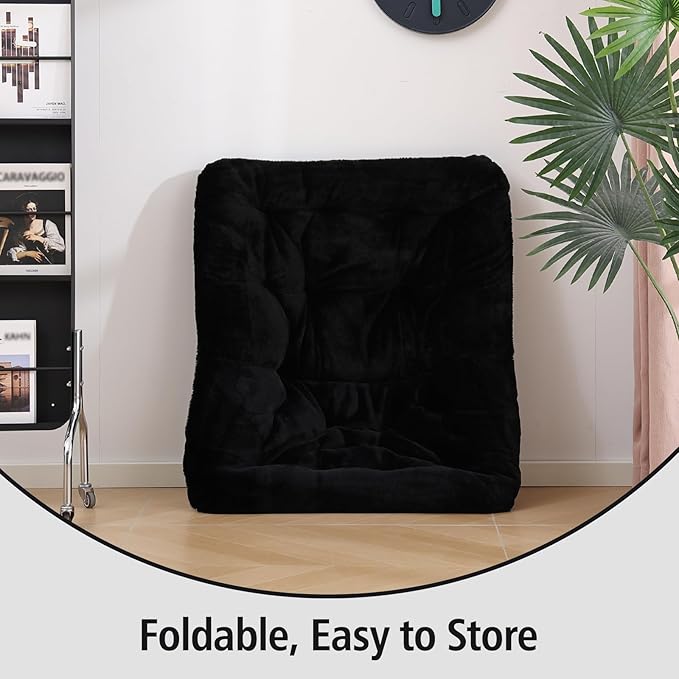 Welnow Comfy Saucer Chair, Oversized Folding Reading Chair for Adults with Throw Pillow Soft Faux Fur Lounge Chair for Bedroom Furry Accent Chair for Living Room, Dorm Rooms, Black