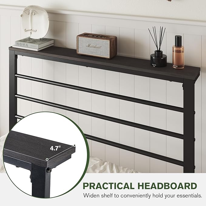 MUTICOR Twin Size Metal Platform Bed Frame with Shelf Headboard, No Box Spring Needed, Easy Assembly, Black Shelf