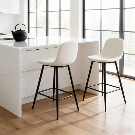 White Bar Stools Set of 2,Faux Leather Counter Height Bar Stools,24.6" Bar Chairs with Back Metal Footrest,Modern Counter Stool with Back and Footrest for Kitchen Island Restaurants Pubs