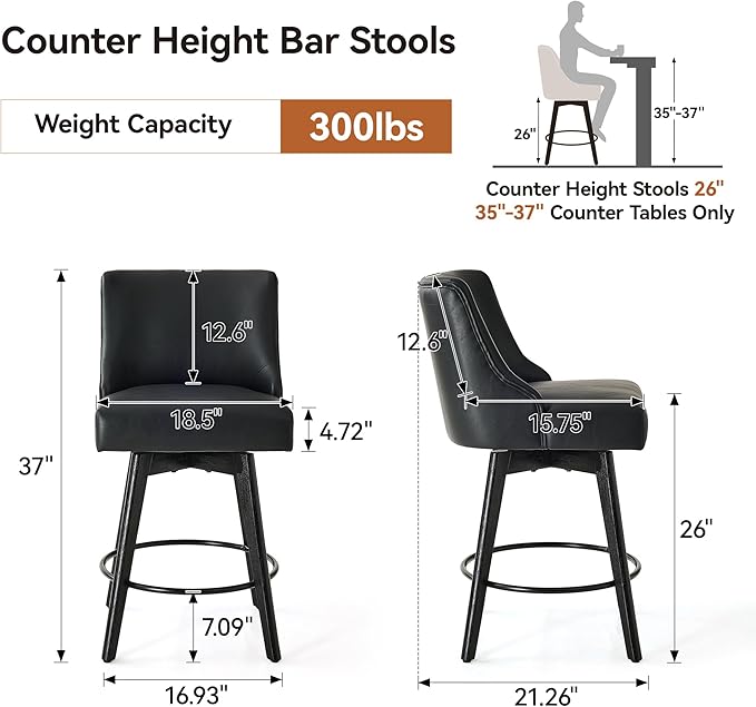 Vipbear Counter Height Bar Stools Set of 3, 26" H Swivel Bar Stools with Backs, PU Leather Upholstered Bar Chairs with Solid Wood Legs for Kitchen Island, Dining Room, Home Bar, Black
