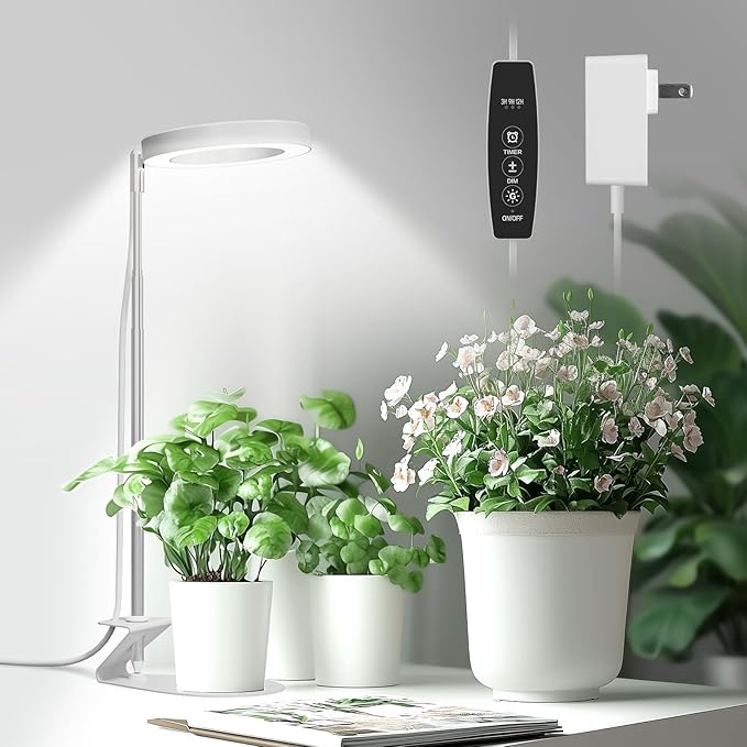 GLOWRIUM Grow Lights for Indoor Plants, LED Full Spectrum Growing lamp, 10 Level Dimmable, 3/9/12H Timer, 9-24 Inches Height Adjustable, Suit for Desk Succulents Mini Small Plants (White-Desk Style)