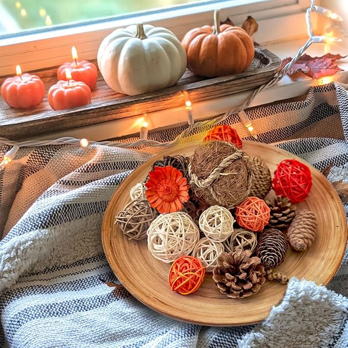Qingbei Rina Fall Decorative Balls for Centerpiece Bowls, Assorted Wicker Rattan Balls, Autumn Bowl Vase Fillers, Decorative Orbs Woven Spheres, Thanksgiving Farmhouse Table Home Decor
