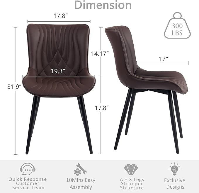 Kidol&Shellder Brown Dining Chairs Set of 2,Faux Leather Upholstered Mid Century Modern Kitchen&Dining Room Chair with Back,Ergonomic Armless Vanity&Living Room Chair with Metal Legs
