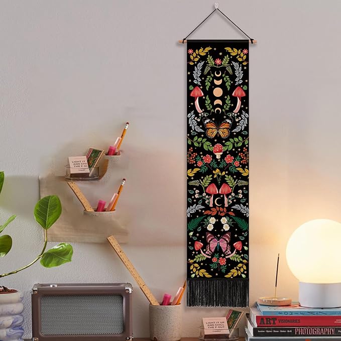 Mystical Long Tapestry Vertical Wall Hanging Cute Botanical Mushroom Moth Butterfly Bohemian Tapestry for Bedroom Aesthetic Moon Phase Plant Wall Tapestries with Tassels Black Room Decor 13x51 Inches