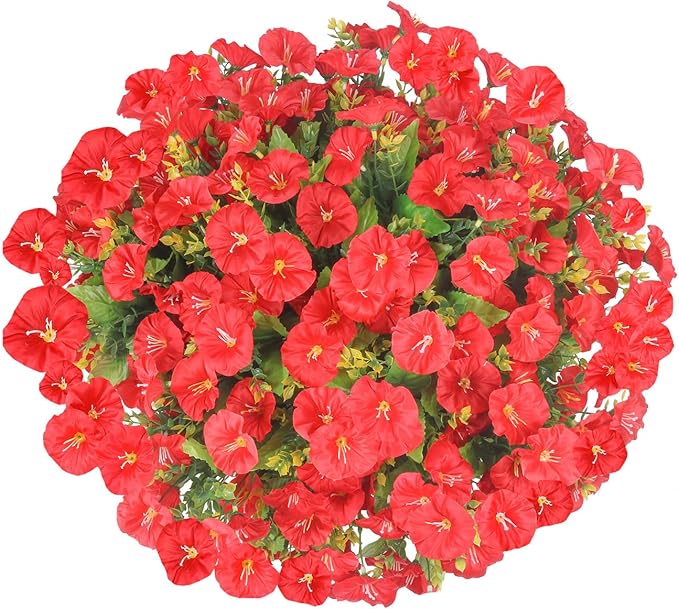 Artificial Hanging Flowers Basket, Fake Plants, for Spring Summer Outdoor Decoration, Faux Silk Petunias Eucalyptus,UV Resistant, Coconut Planter wtih Morning Glories, for Porch Garden Decor (Red)