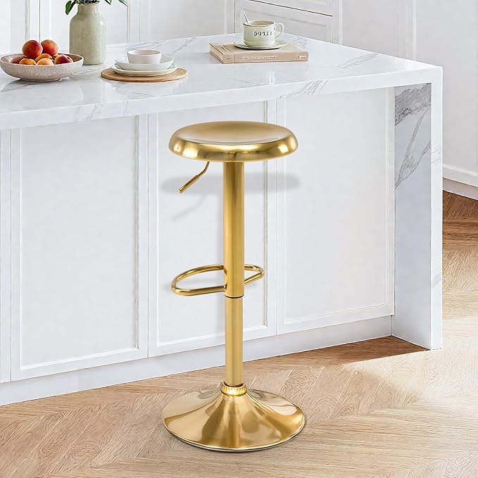 Brage Living Bar Stools, Adjustable Height Swivel Bar Stools, Metal Airlift Barstools, Backless Counter Height Bar Chairs for Kitchen Dining Room Pub Cafe 1Pc (Gold)