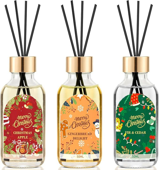 Reed Diffuser of 3 Pack, Fir & Cedar Gingerbread Delight Christmas Apple Oil Diffuser Set with 15 Sticks, Bathroom Air Freshener, Aromatherapy Reed Diffusers for Home, Office, Gift, Total 5.1 Fl. Oz