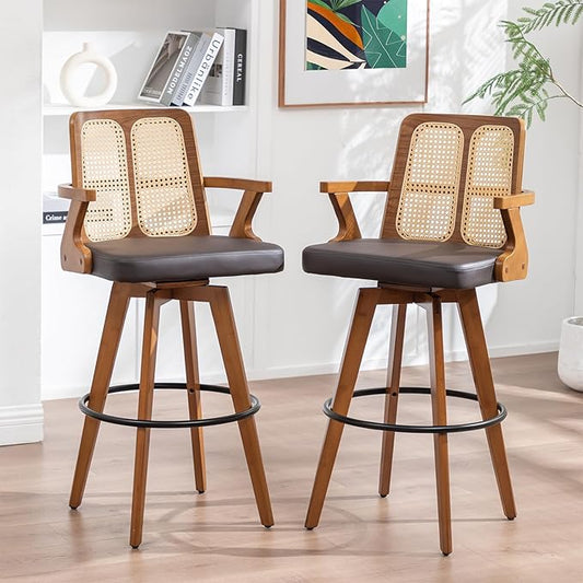 Set of 2 Bar Height Bar Stools - 30 inch Walnut Bar Stools with Cane Back, Upholstered Seat, Curved Arms, Faux Leather, Swivel BarStools for Bar/Pub/Island/Cafe (30" Seat Height, Brown)