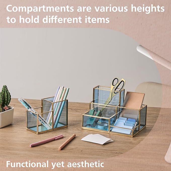 5-Compartment Desk Organizer for Home Office Supplies, Gold Brass with Blue Glass, Workspace Storage for Stationery, Cosmetic, Makeup Tools and Brush.