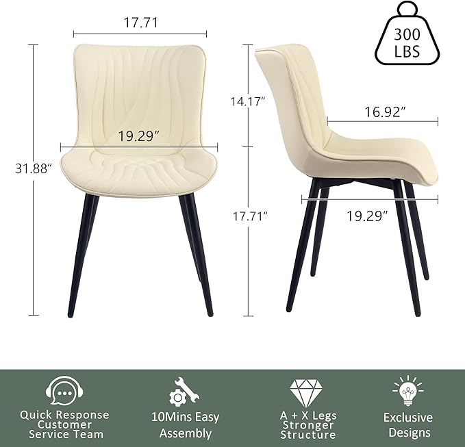 YOUTASTE Dining Chairs Set of 2, Mid Century Modern Upholstered Faux Leather Kitchen Room Chairs, with Black Metal Legs, Armless Accent Chair for Living Room, Bedroom, Vanity, Beige
