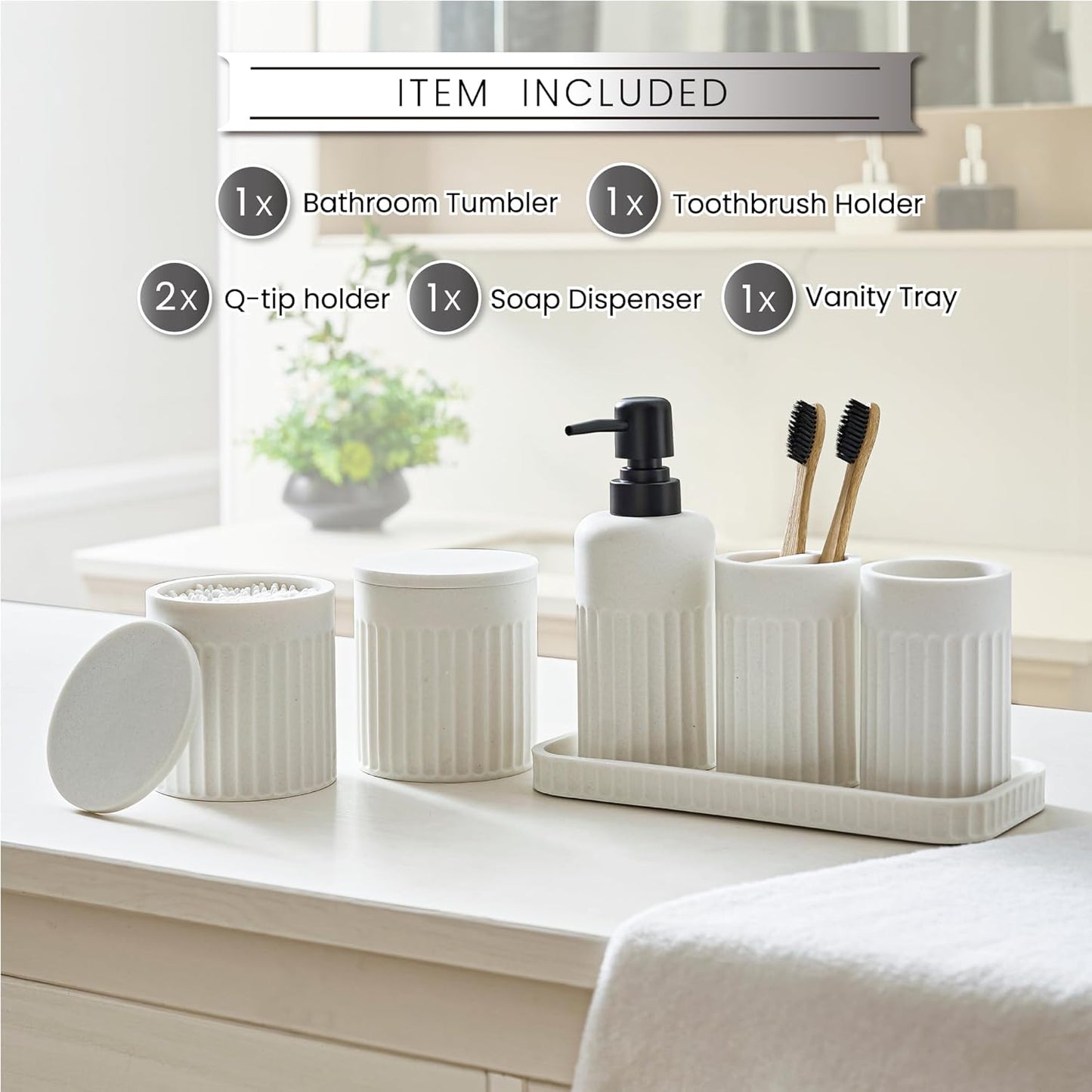 Bathroom Accessory Set - 6 Pieces Bathroom Accessories Set Complete with Soap Dispenser, Toothbrush Holder, Tumbler, Vanity Tray and 2 Qtip Holder for Home Organizer and Decor, White