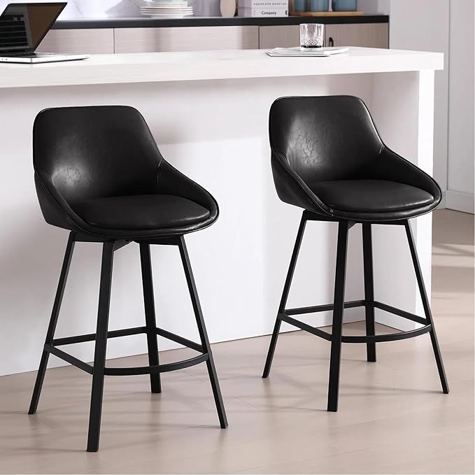 Zesthouse Swivel Counter Height Stools Set of 2, Modern Upholstered Barstools with Backs, 26'' Faux Leather High Chairs for Island Kitchen, Counter Height Chairs with Metal Legs, Black