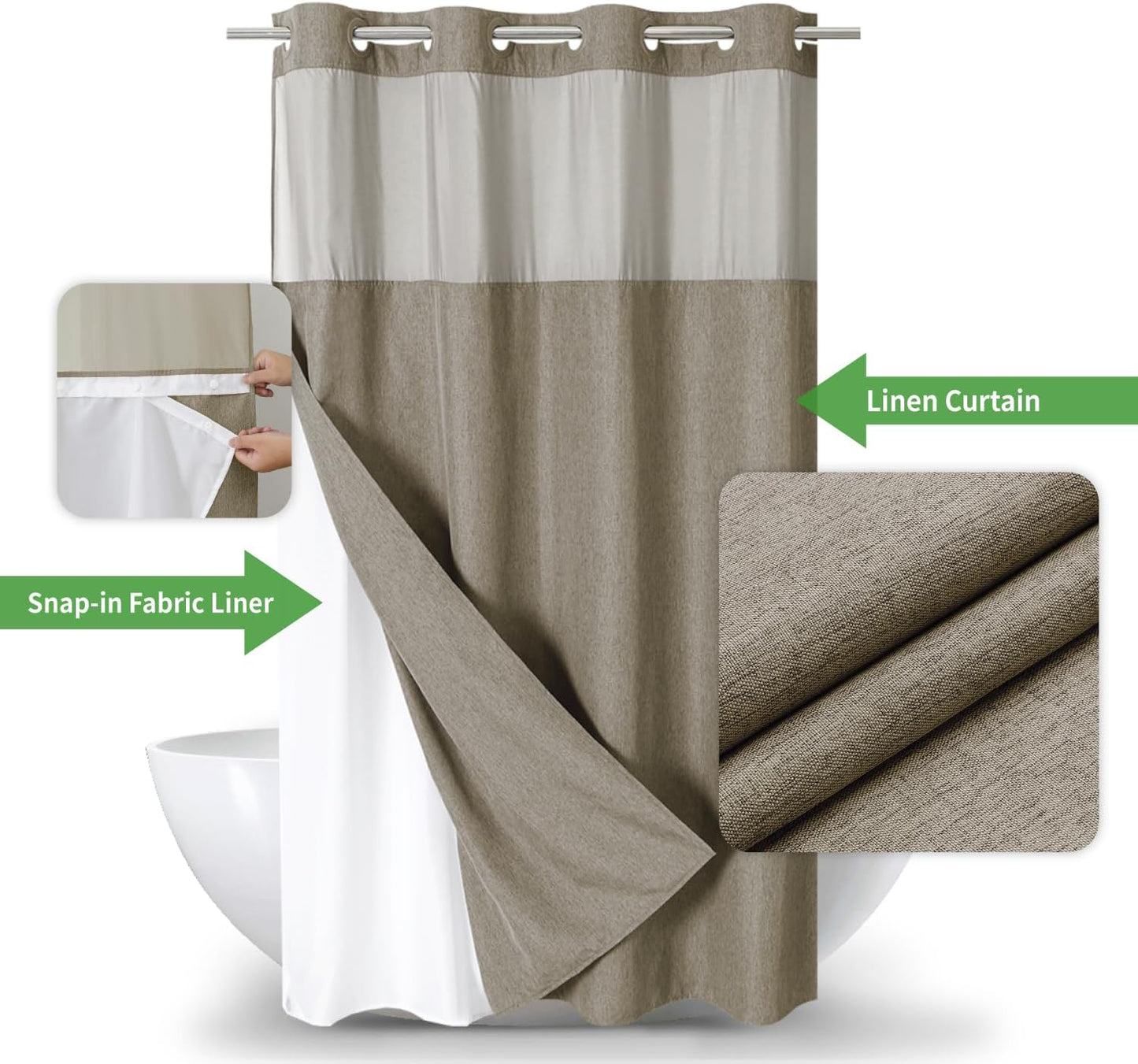 Stall No Hooks Needed Linen Textured Shower Curtain with Snap-in Fabric Liner Set,Hotel Luxury Decor Farmhouse Shower Curtains for Bathroom,Waterproof & Washable,54Wx80H,Khaki/Tan