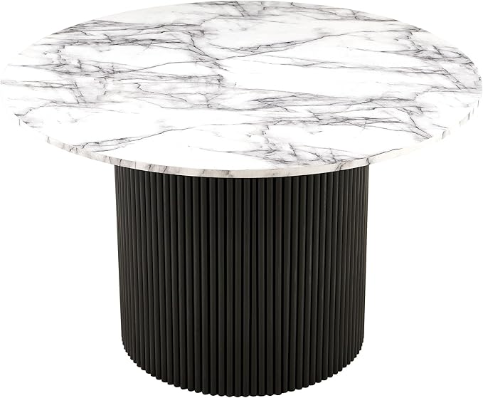 47'' Round Dining Table for 4-6, Modern Wood Farmhouse Kitchen Circle Table with Sturdy Cylindrical Pedastal, Dinner Tables for Dining Room, Living Room White Marble