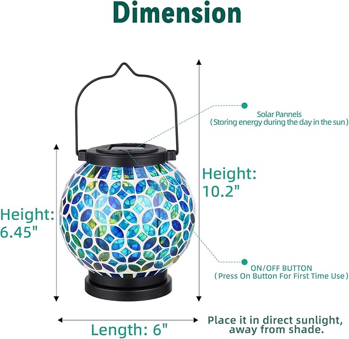VOREEN 2 Pack Mosaic Solar Lanterns, Handmade Outdoor Glass Hanging Lights, Solar Table Lamps, Waterproof Night Lights, Gift for Mom Wife Friend, Decor for Garden, Patio, Yard, Party, Balcony, Round