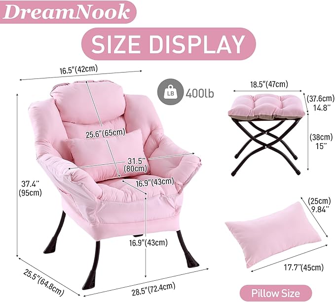 Lazy Chair with Ottoman, Modern Accent Chair with Lumbar Pillow, Comfy Chairs with Folding Footrest for Bedroom, Reading, Oversized Supportive Lounge Chairs(Pink)