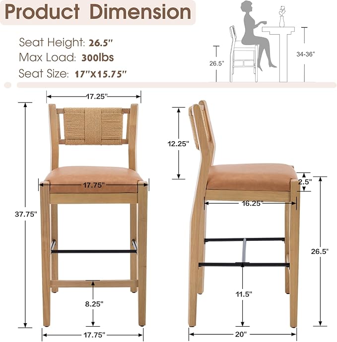 CIMOTA Rattan Counter Height Bar Stools Set of 2, 26" Farmhouse Barstools with Woven Backs, Boho Wood Bar Chairs Leather Upholstered Counter Stools for Kitchen Island/Counter/Bar, PU Brown