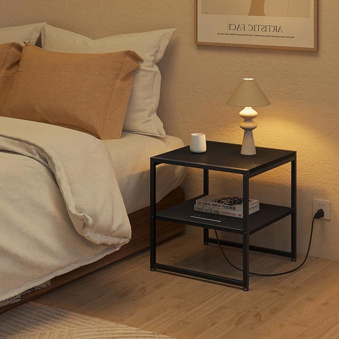 Tatub 20" End Table with Charging Station, Industrial Square Side Table with USB Ports & Outlets, Versatile 2-Tier Small Nightstand for Bedroom Living Room, Black