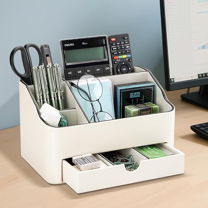 KINGFOM Desk Organizer with Drawer, Multifunction Pencil Holder for Desk, Desk Organizer and Accessories 5 Comparetments for Home Office Supplies (Ivory White)
