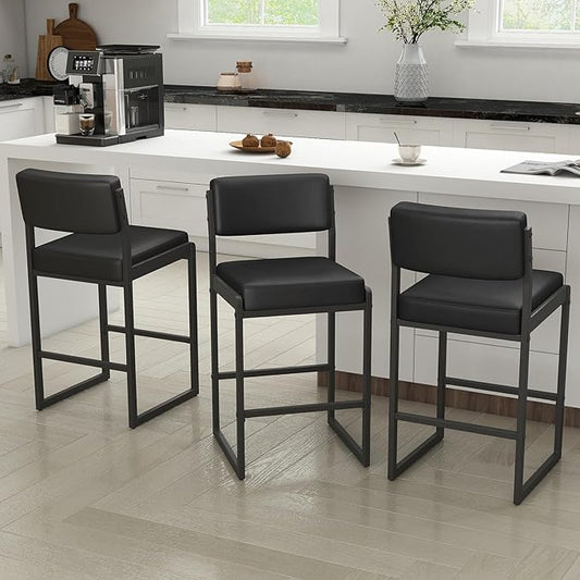 Mid Century Modern Counter Height Bar Stools Set of 3, 26" Bar Height Chairs with Backs, Upholstered Counter Stools, Metal Barstools for Kitchen Island (Black- Faux Leather, 26"H - Set of 3)