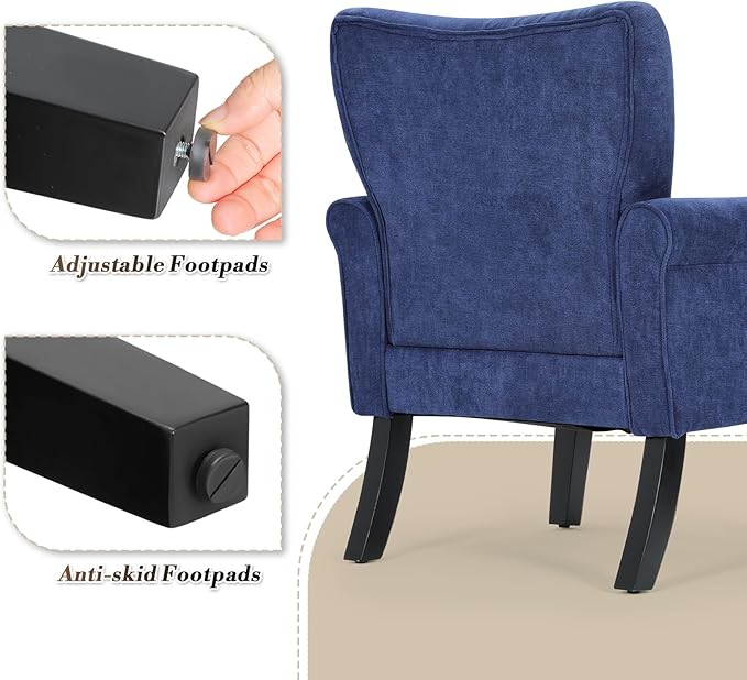 Athena Collection Mid Century Modern Chair for Living Room, Upholstered Wingback Reading Chair for Adults, Comfy Linen Fabric Armchair with Wooden Legs for Bedroom, Dorm, Balcony, Blue